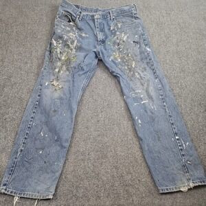 Wrangler Jeans Mens 40x32 Blue Relaxed Fit Paint Splatter Distressed Workwear